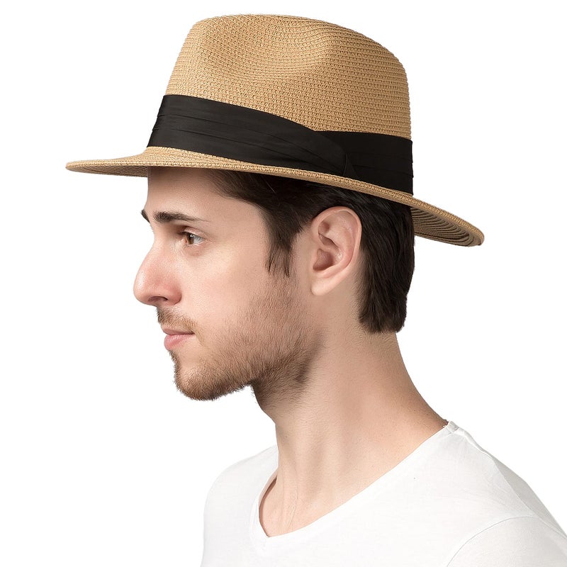 Lanzom Summer Beach Sun Hats for Men Women Foldable Floppy Travel Packable Staw Hat, Wide Brim Hat (Style B-Khaki,Medium Size:Fit for 22.5"-23") - Image 2